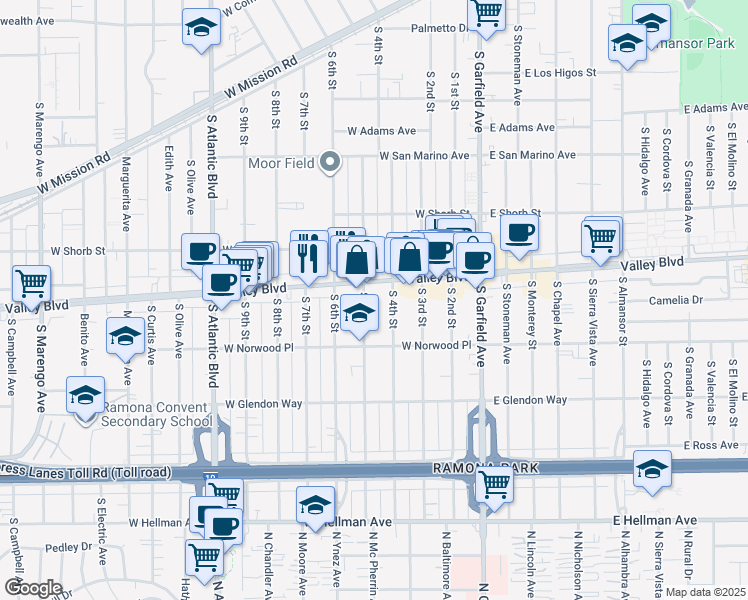 map of restaurants, bars, coffee shops, grocery stores, and more near 1414 South 5th Street in Alhambra