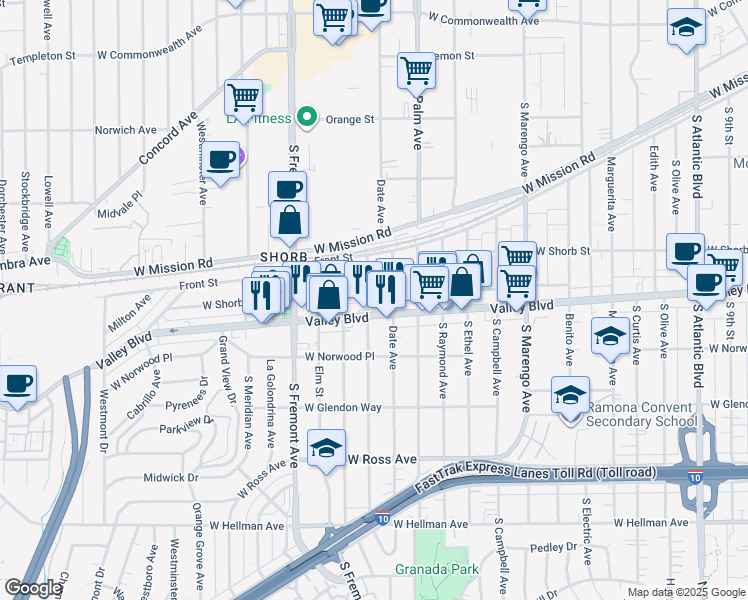 map of restaurants, bars, coffee shops, grocery stores, and more near 2300 West Valley Boulevard in Alhambra