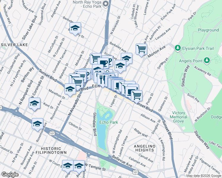 map of restaurants, bars, coffee shops, grocery stores, and more near W Sunset Blvd & Lemoyne St in Los Angeles