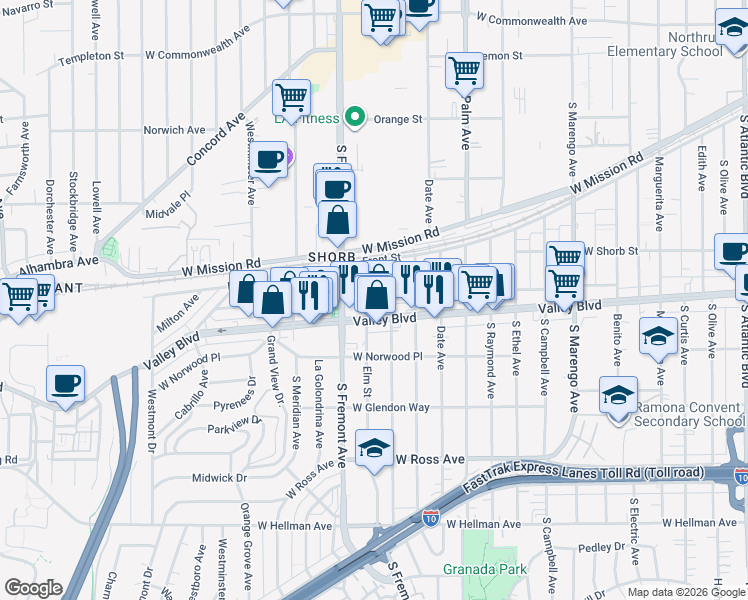 map of restaurants, bars, coffee shops, grocery stores, and more near 2428e West Valley Boulevard in Alhambra