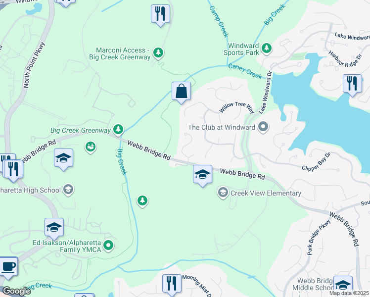 map of restaurants, bars, coffee shops, grocery stores, and more near 505 Westwind Lane in Alpharetta