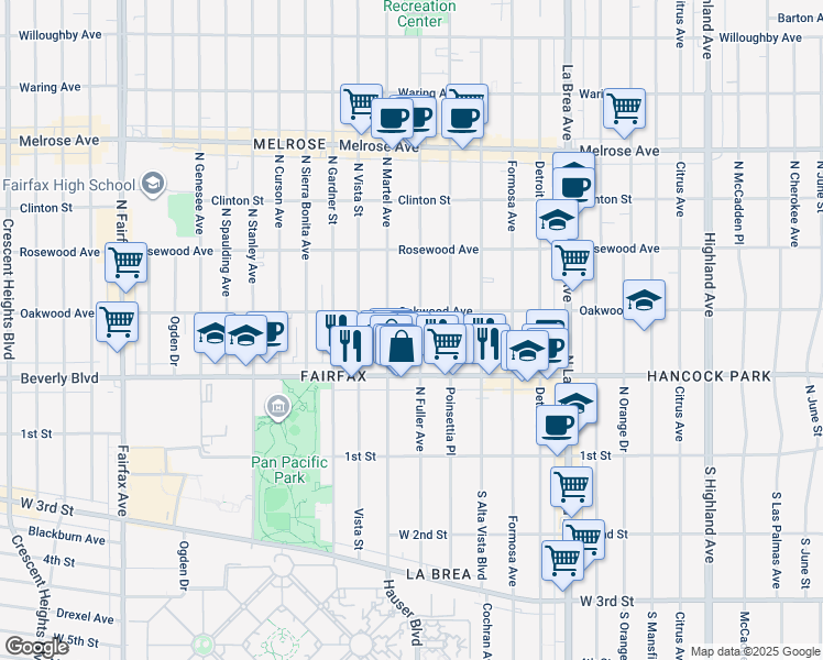 map of restaurants, bars, coffee shops, grocery stores, and more near 351 North Fuller Avenue in Los Angeles