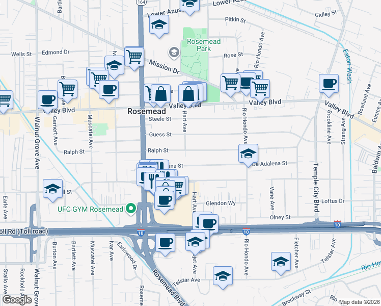 map of restaurants, bars, coffee shops, grocery stores, and more near 9210 Ralph Street in Rosemead