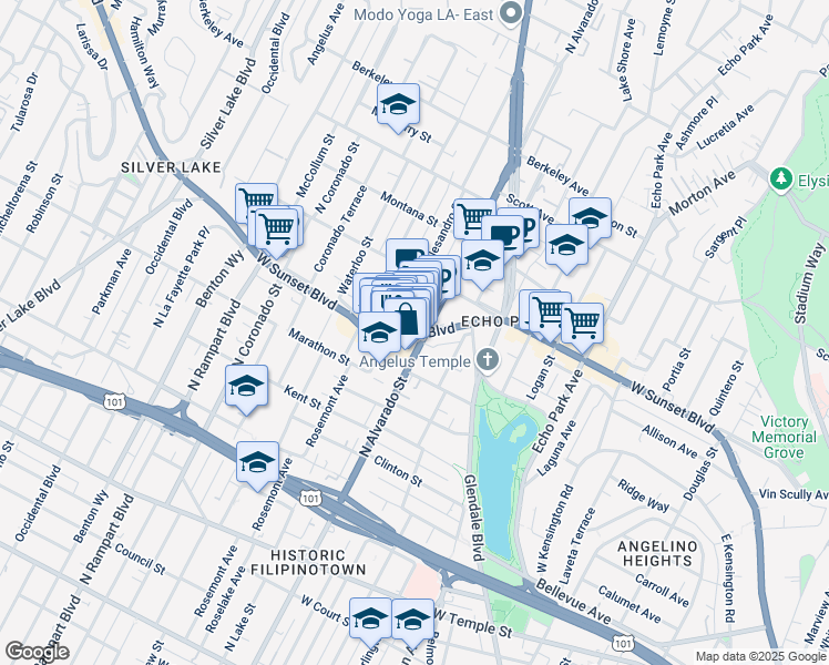 map of restaurants, bars, coffee shops, grocery stores, and more near 1113 Laveta Terrace in Los Angeles