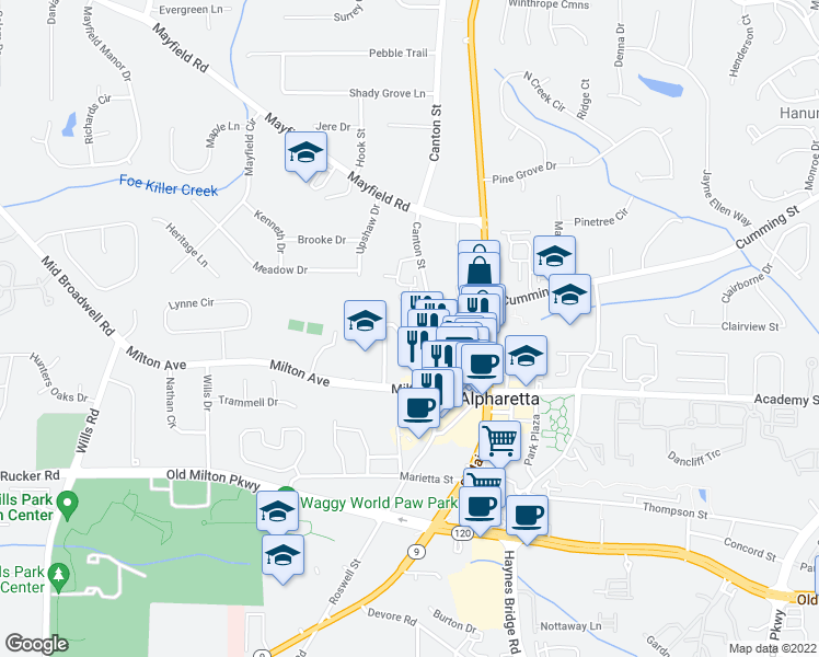 map of restaurants, bars, coffee shops, grocery stores, and more near 145 Rose Garden Lane in Alpharetta