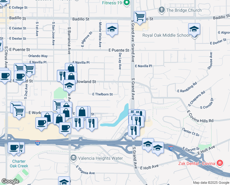 map of restaurants, bars, coffee shops, grocery stores, and more near 19259 East Thelborn Street in Covina