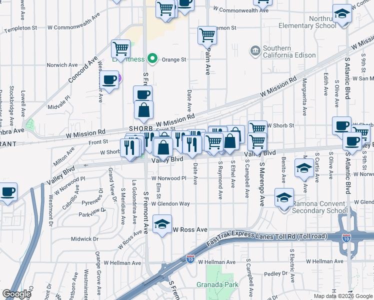 map of restaurants, bars, coffee shops, grocery stores, and more near 1342 Edgewood Drive in Alhambra