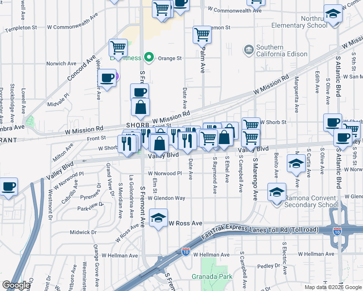 map of restaurants, bars, coffee shops, grocery stores, and more near 1342 Edgewood Drive in Alhambra