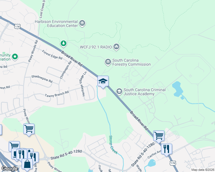 map of restaurants, bars, coffee shops, grocery stores, and more near 5499 Broad River Road in Columbia