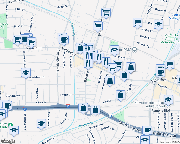map of restaurants, bars, coffee shops, grocery stores, and more near 3840 Baldwin Avenue in El Monte