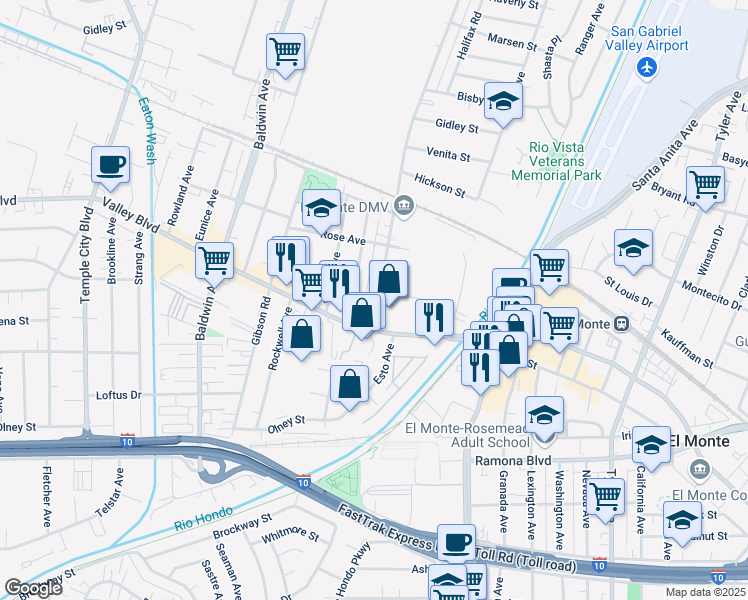 map of restaurants, bars, coffee shops, grocery stores, and more near 10423 Valley Boulevard in El Monte