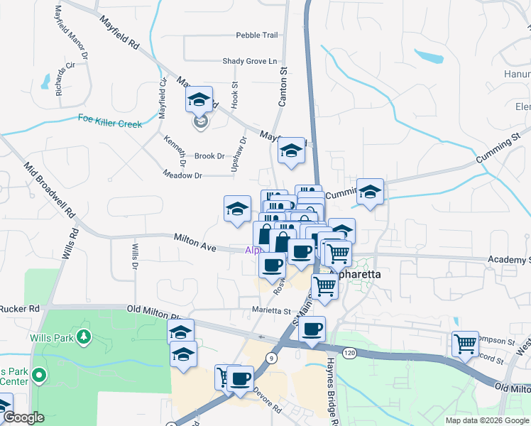 map of restaurants, bars, coffee shops, grocery stores, and more near 145 Rose Garden Lane in Alpharetta