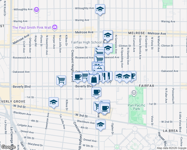 map of restaurants, bars, coffee shops, grocery stores, and more near 350 Hayworth Avenue in Los Angeles