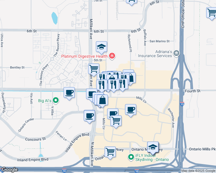 map of restaurants, bars, coffee shops, grocery stores, and more near 11400 Fourth Street in Rancho Cucamonga