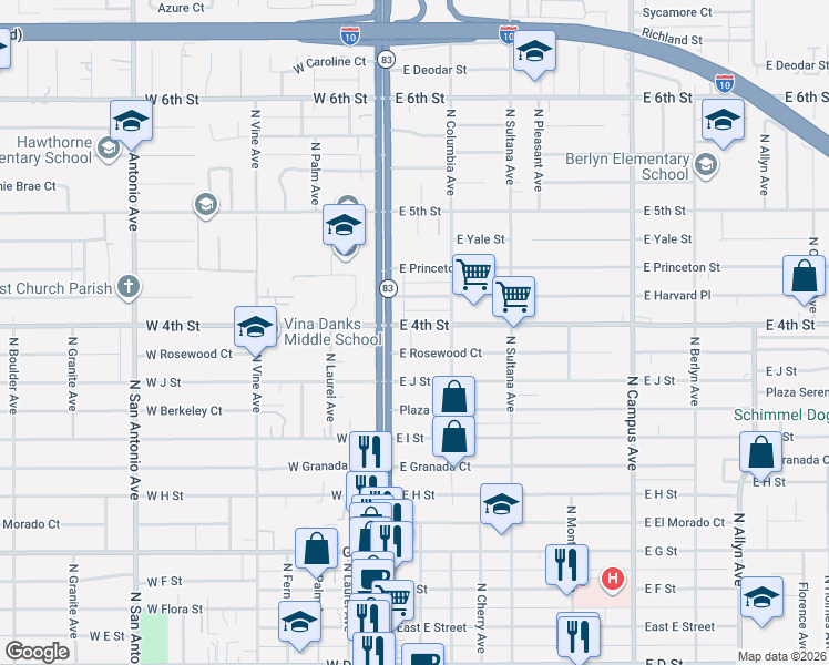 map of restaurants, bars, coffee shops, grocery stores, and more near 126 East 4th Street in Ontario