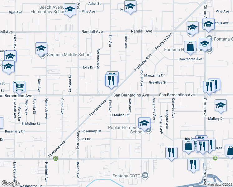 map of restaurants, bars, coffee shops, grocery stores, and more near 15542 San Bernardino Avenue in Fontana