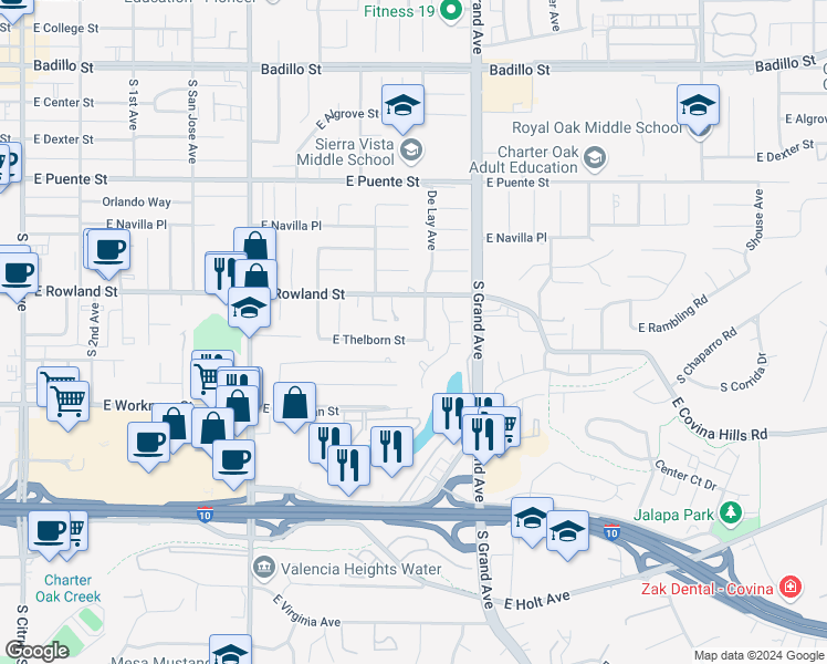 map of restaurants, bars, coffee shops, grocery stores, and more near 19259 East Thelborn Street in Covina