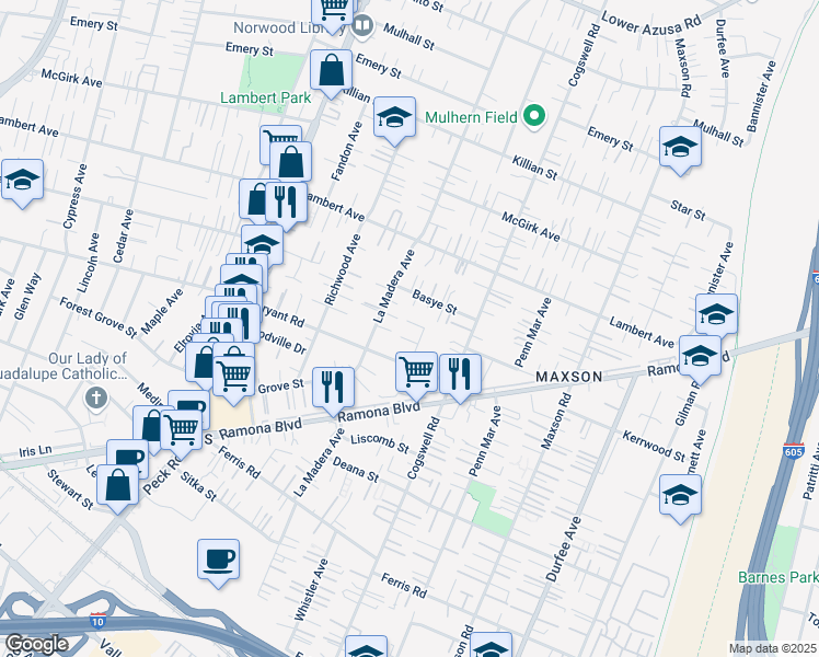 map of restaurants, bars, coffee shops, grocery stores, and more near 11834 Kerrwood Street in El Monte