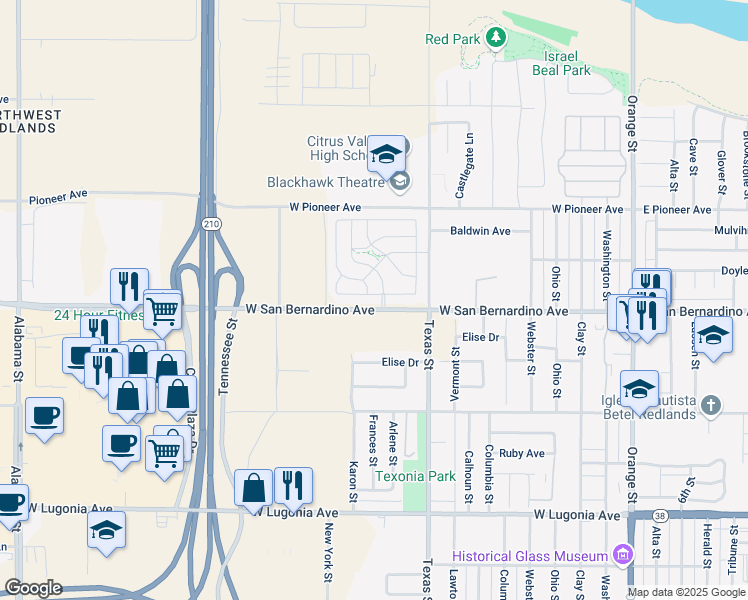 map of restaurants, bars, coffee shops, grocery stores, and more near 1555 Texas Street in Redlands