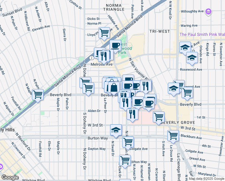 map of restaurants, bars, coffee shops, grocery stores, and more near 8899 Beverly Boulevard in West Hollywood