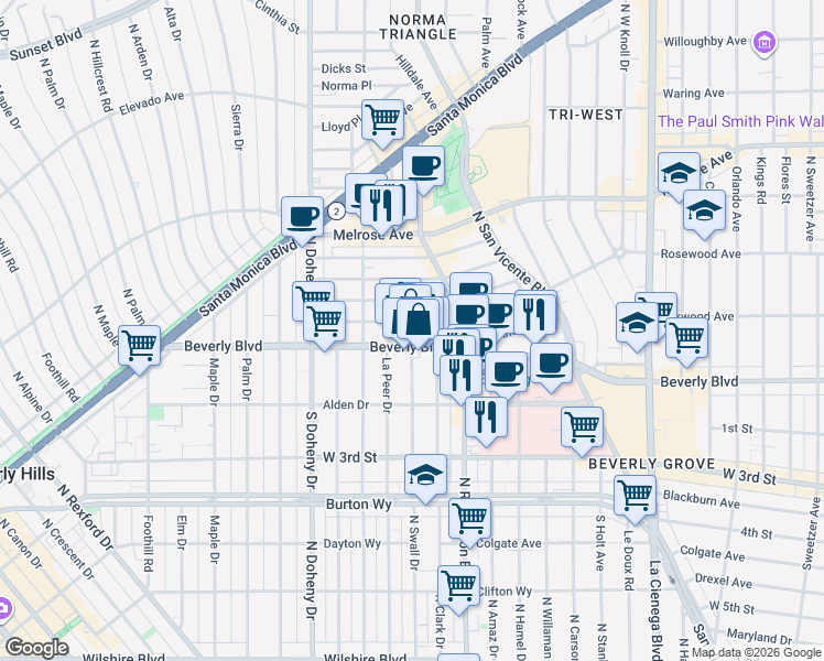 map of restaurants, bars, coffee shops, grocery stores, and more near 8899 Beverly Boulevard in West Hollywood