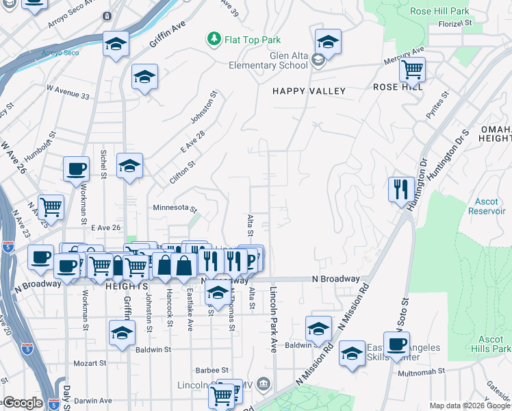 map of restaurants, bars, coffee shops, grocery stores, and more near 2712 Alta Street in Los Angeles