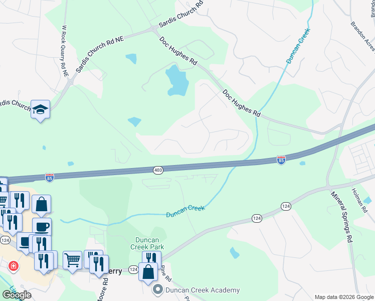 map of restaurants, bars, coffee shops, grocery stores, and more near 2275 Rock Quarry Road East in Buford
