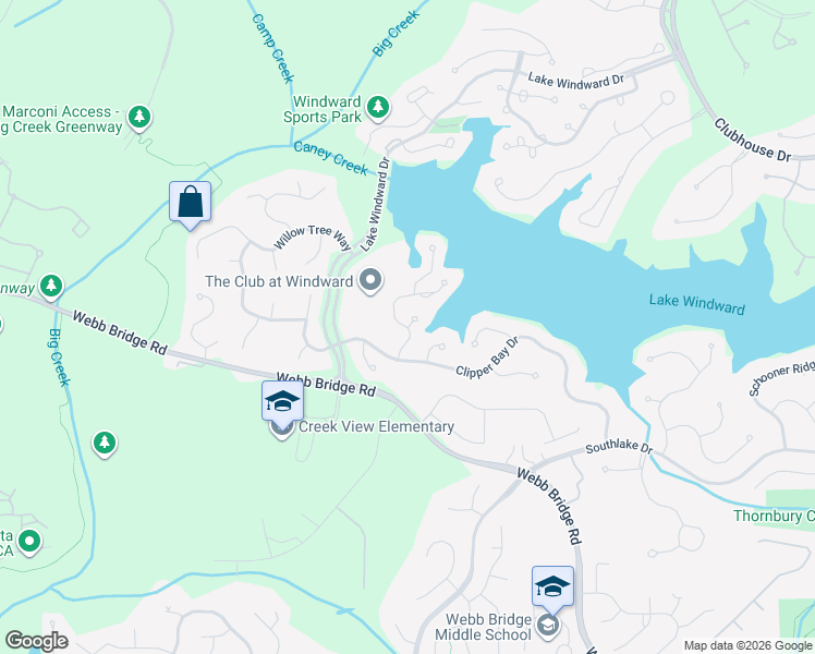map of restaurants, bars, coffee shops, grocery stores, and more near 1541 Spinnaker Drive in Alpharetta