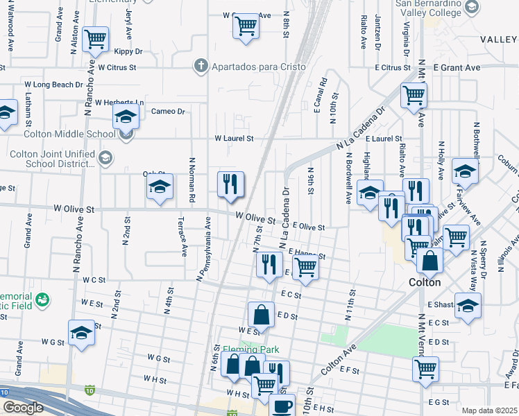 map of restaurants, bars, coffee shops, grocery stores, and more near 1091 North 7th Street in Colton