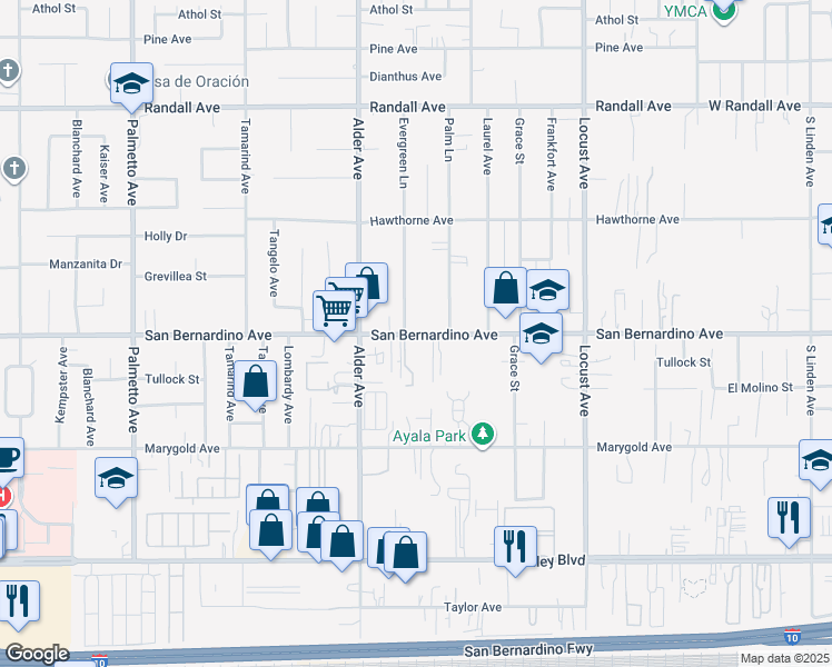 map of restaurants, bars, coffee shops, grocery stores, and more near 17809 San Bernardino Avenue in Fontana