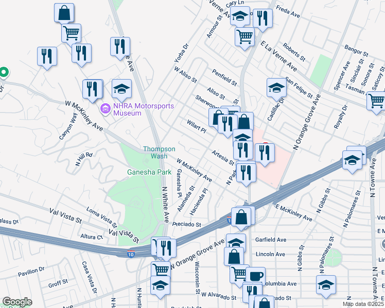 map of restaurants, bars, coffee shops, grocery stores, and more near 431 West McKinley Avenue in Pomona