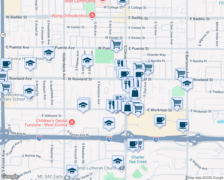 map of restaurants, bars, coffee shops, grocery stores, and more near 710 South Calvados Avenue in Covina