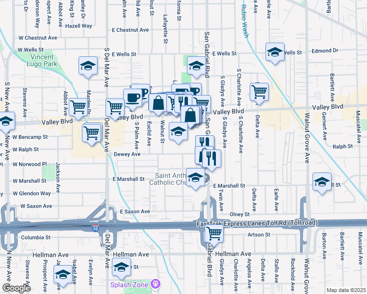 map of restaurants, bars, coffee shops, grocery stores, and more near 526 Dewey Avenue in San Gabriel