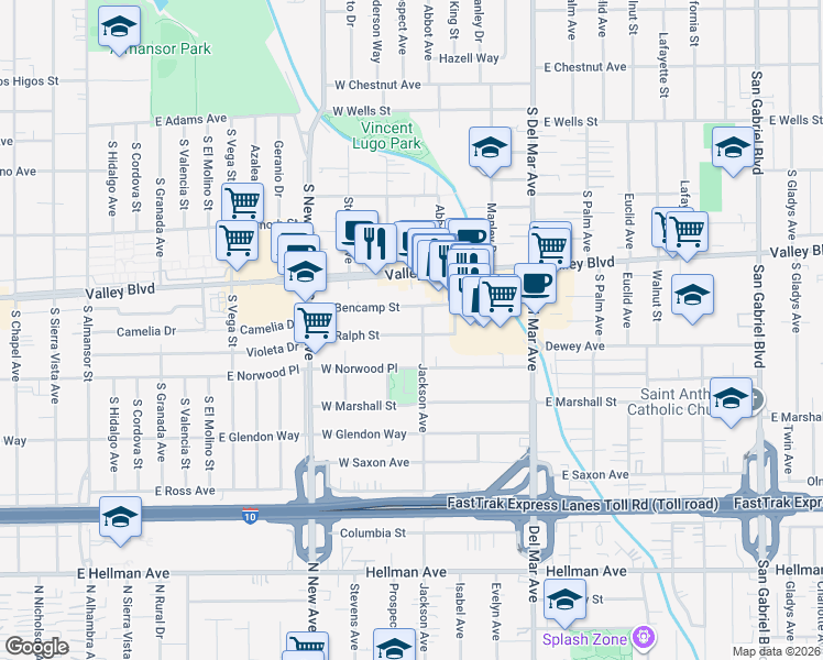 map of restaurants, bars, coffee shops, grocery stores, and more near 1741 Jackson Avenue in San Gabriel