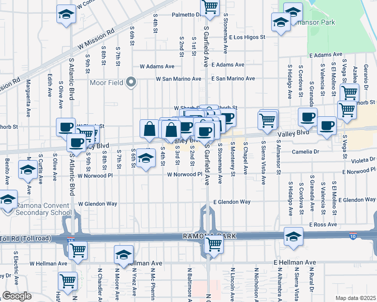 map of restaurants, bars, coffee shops, grocery stores, and more near 1504 South 3rd Street in Alhambra