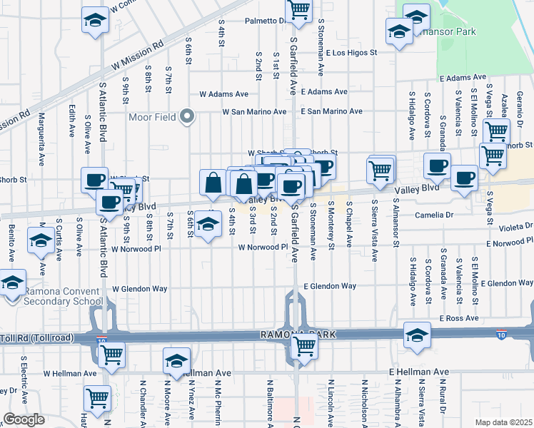 map of restaurants, bars, coffee shops, grocery stores, and more near 1504 South 3rd Street in Alhambra