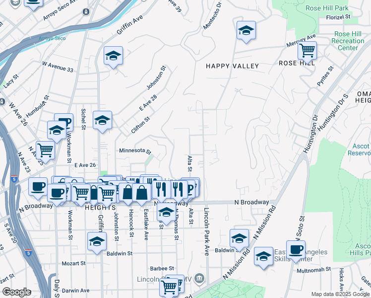 map of restaurants, bars, coffee shops, grocery stores, and more near 2617 Alta Street in Los Angeles