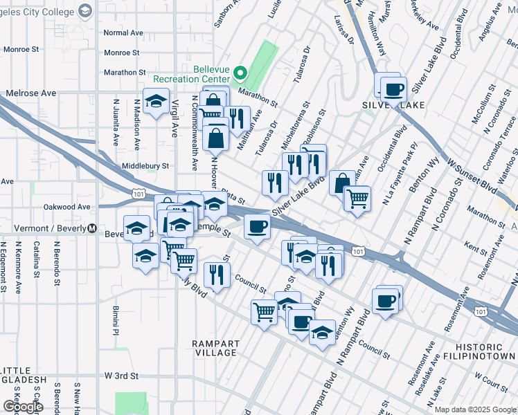 map of restaurants, bars, coffee shops, grocery stores, and more near 341 North Dillon Street in Los Angeles