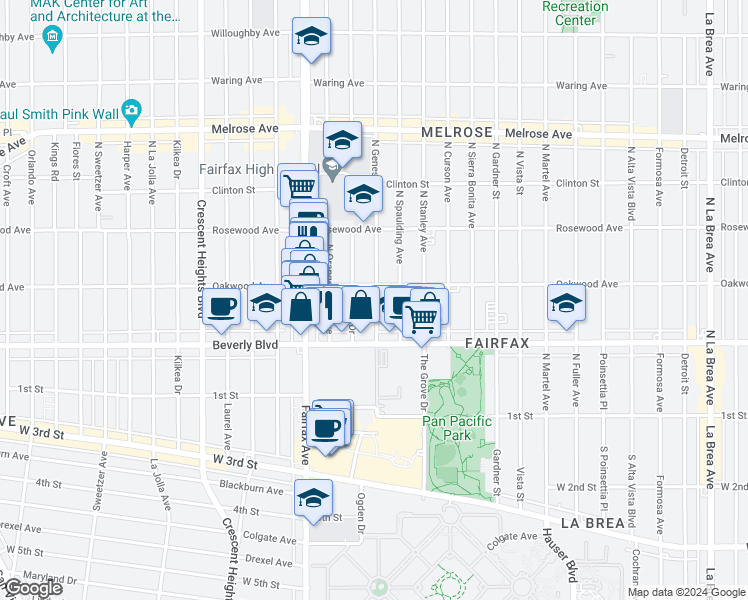 map of restaurants, bars, coffee shops, grocery stores, and more near 332 North Ogden Drive in Los Angeles