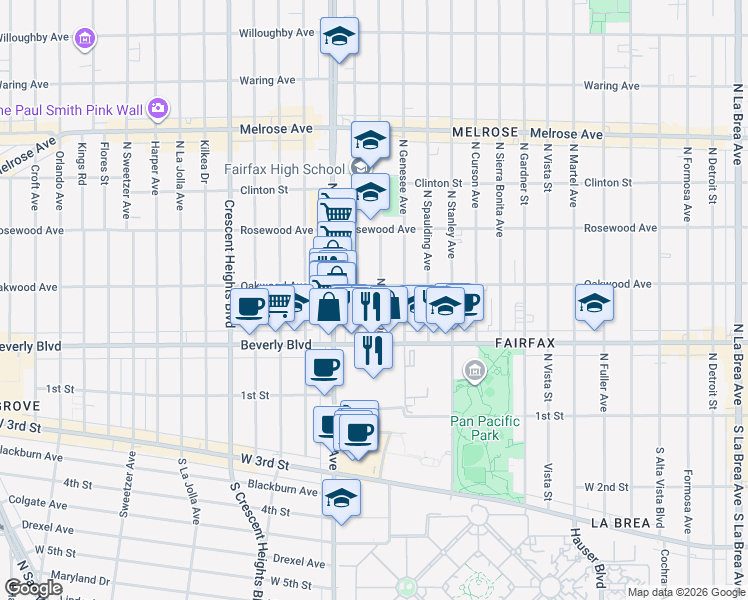 map of restaurants, bars, coffee shops, grocery stores, and more near 326 North Ogden Drive in Los Angeles