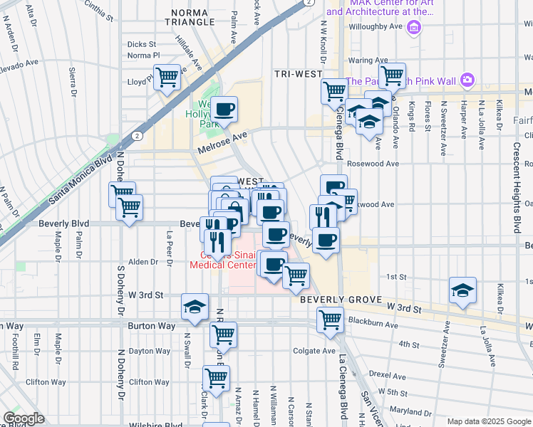 map of restaurants, bars, coffee shops, grocery stores, and more near 8747 Beverly Boulevard in West Hollywood