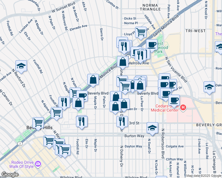 map of restaurants, bars, coffee shops, grocery stores, and more near 420 North Palm Drive in Beverly Hills