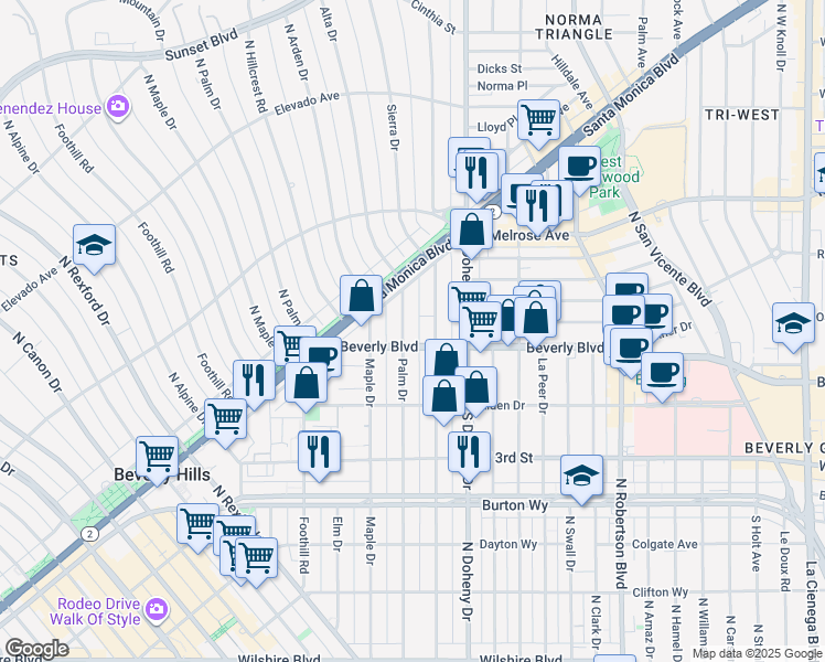 map of restaurants, bars, coffee shops, grocery stores, and more near 420 North Palm Drive in Beverly Hills