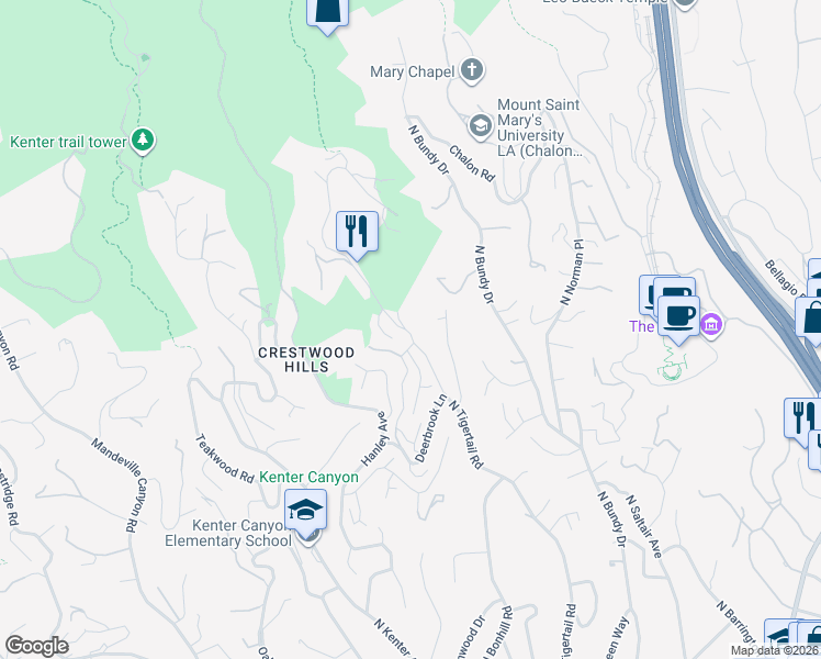 map of restaurants, bars, coffee shops, grocery stores, and more near 968 Stonehill Lane in Los Angeles