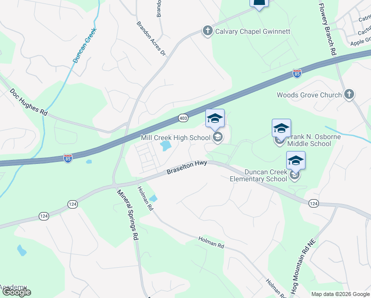 map of restaurants, bars, coffee shops, grocery stores, and more near 2052 Millcrest Drive in Hoschton