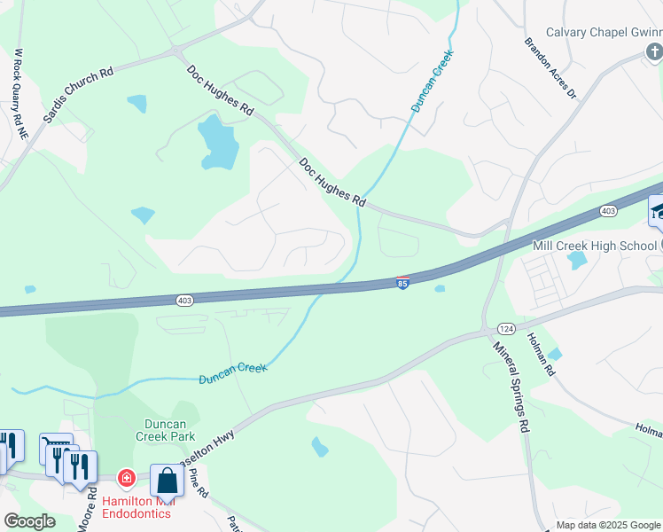 map of restaurants, bars, coffee shops, grocery stores, and more near 4568 Mantova Drive Northeast in Buford