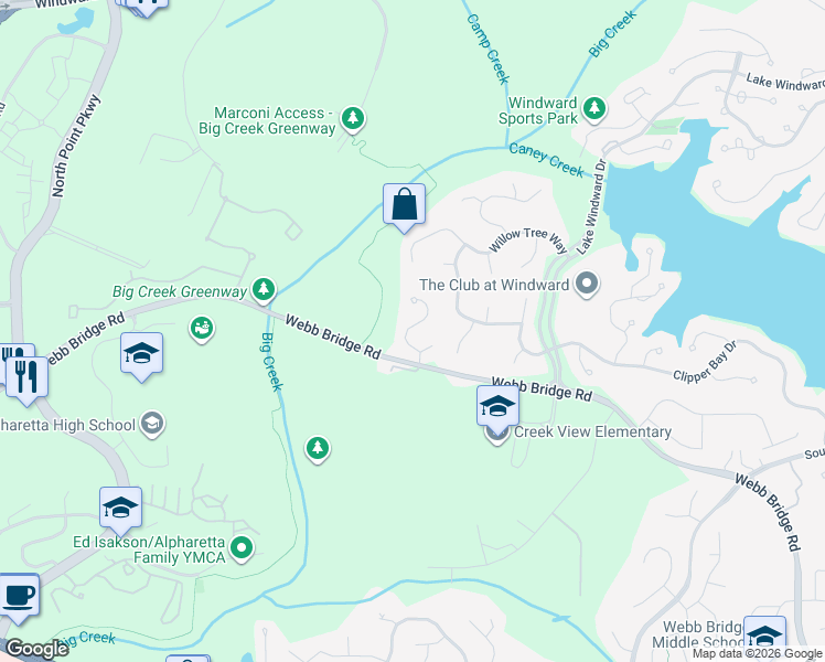 map of restaurants, bars, coffee shops, grocery stores, and more near 505 Westwind Lane in Alpharetta