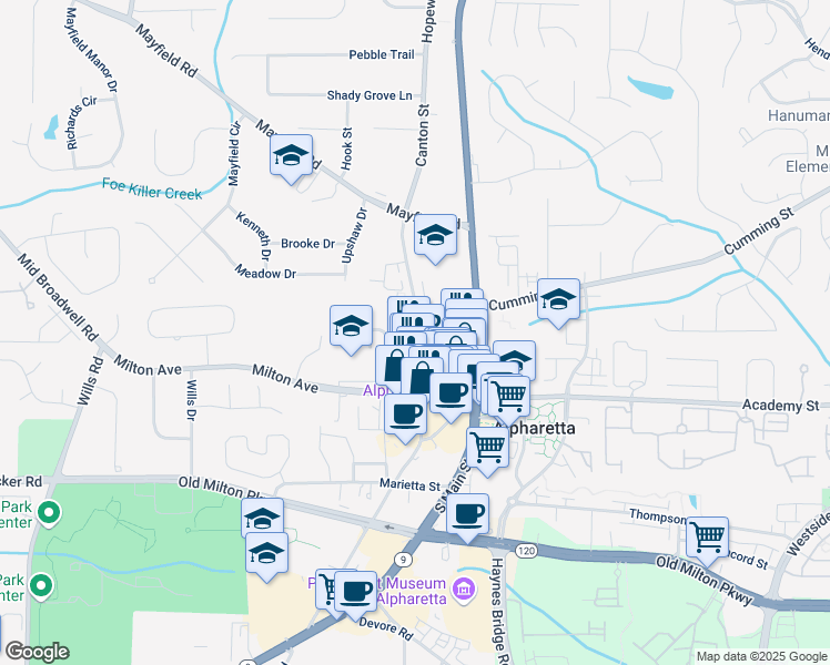 map of restaurants, bars, coffee shops, grocery stores, and more near 310 Rose Garden Lane in Alpharetta