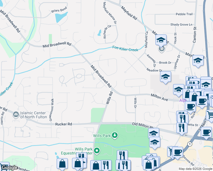 map of restaurants, bars, coffee shops, grocery stores, and more near 111 Wills Road in Alpharetta