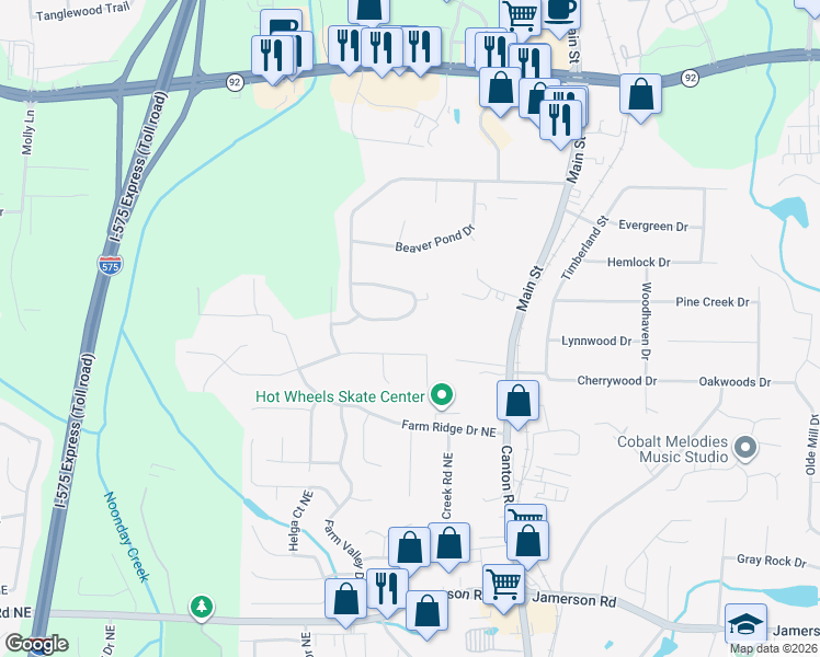 map of restaurants, bars, coffee shops, grocery stores, and more near 122 Ridgewood Drive in Woodstock